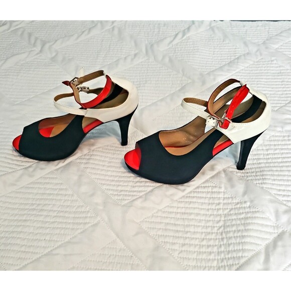 Get More Beauty Peep Toe High Heel Sandals Size 9 EU Size 40 Red White And Black - Picture 5 of 13